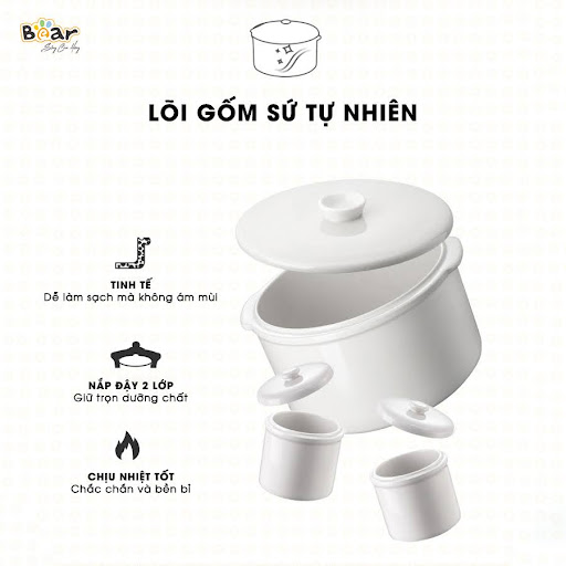 Thố sứ nồi nấu chậm Bear được làm từ chất liệu sứ trắng tự nhiên cao cấp 