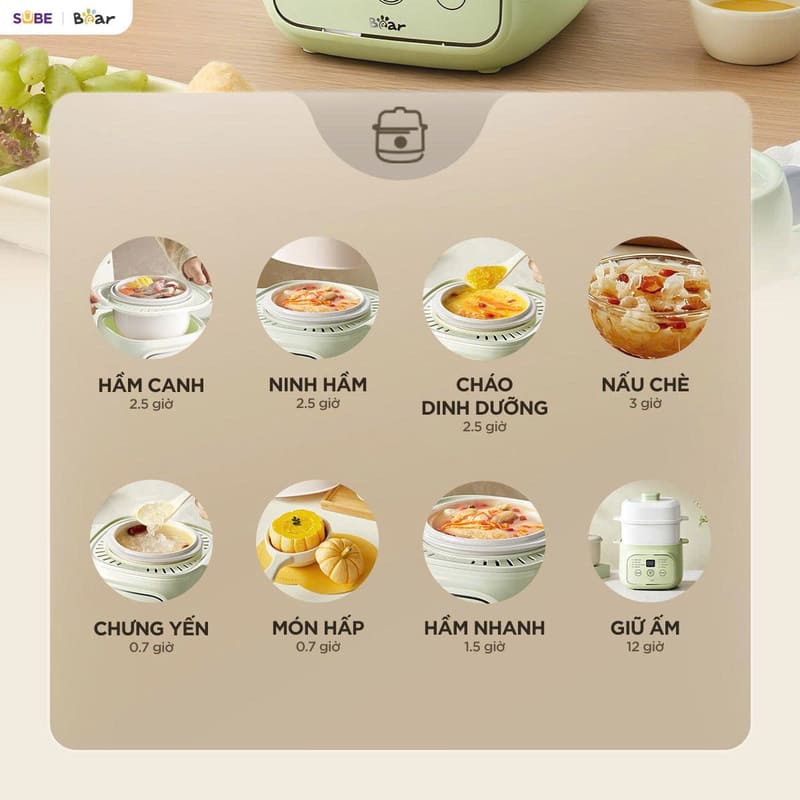 Thời gian nấu chi tiết các chức năng