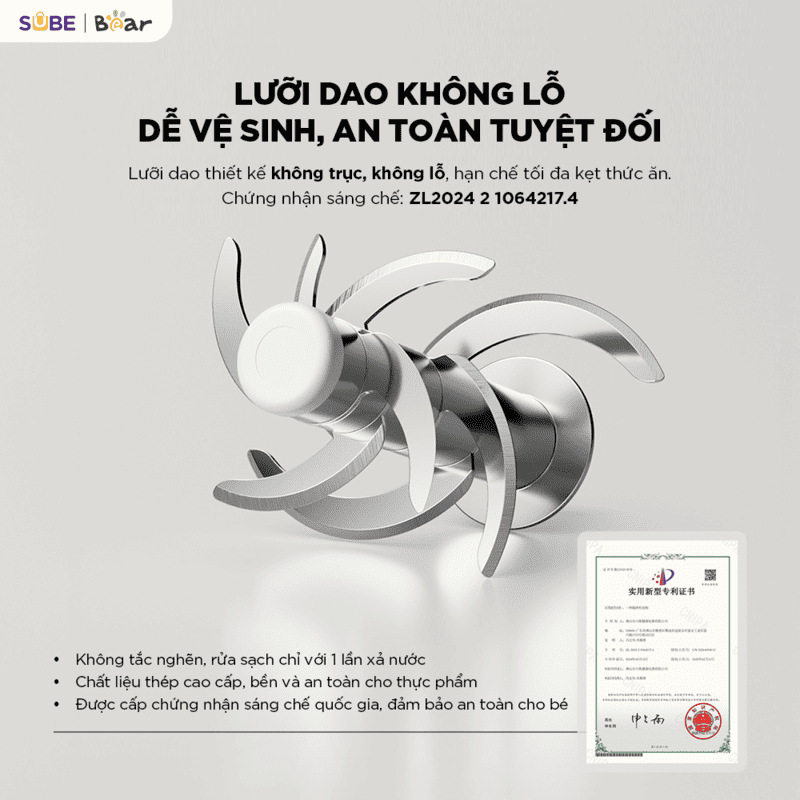 Lưỡi dao không trục, không lỗ giúp vệ sinh dễ dàng, an toàn tuyệt đối