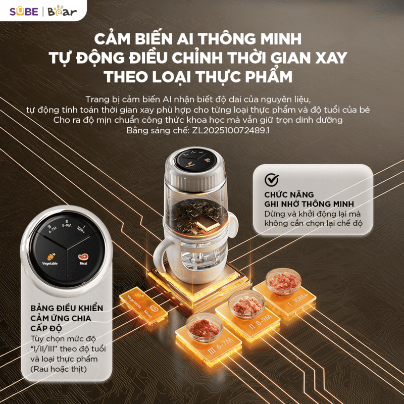 Cảm biến AI thông minh giúp xay chuẩn xác theo loại thực phẩm & độ tuổi